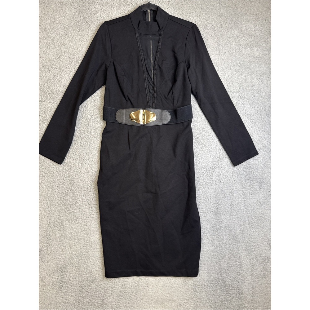 Venus Dress Black Womens Size Large Long Sleeve Sheer Belted Midi Sexy Cocktail